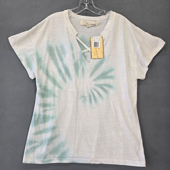 Vintage Havana White Blue Tie Dye Shirt NEW Classic Short Sleeves V-Neck Women S - Picture 1 of 13